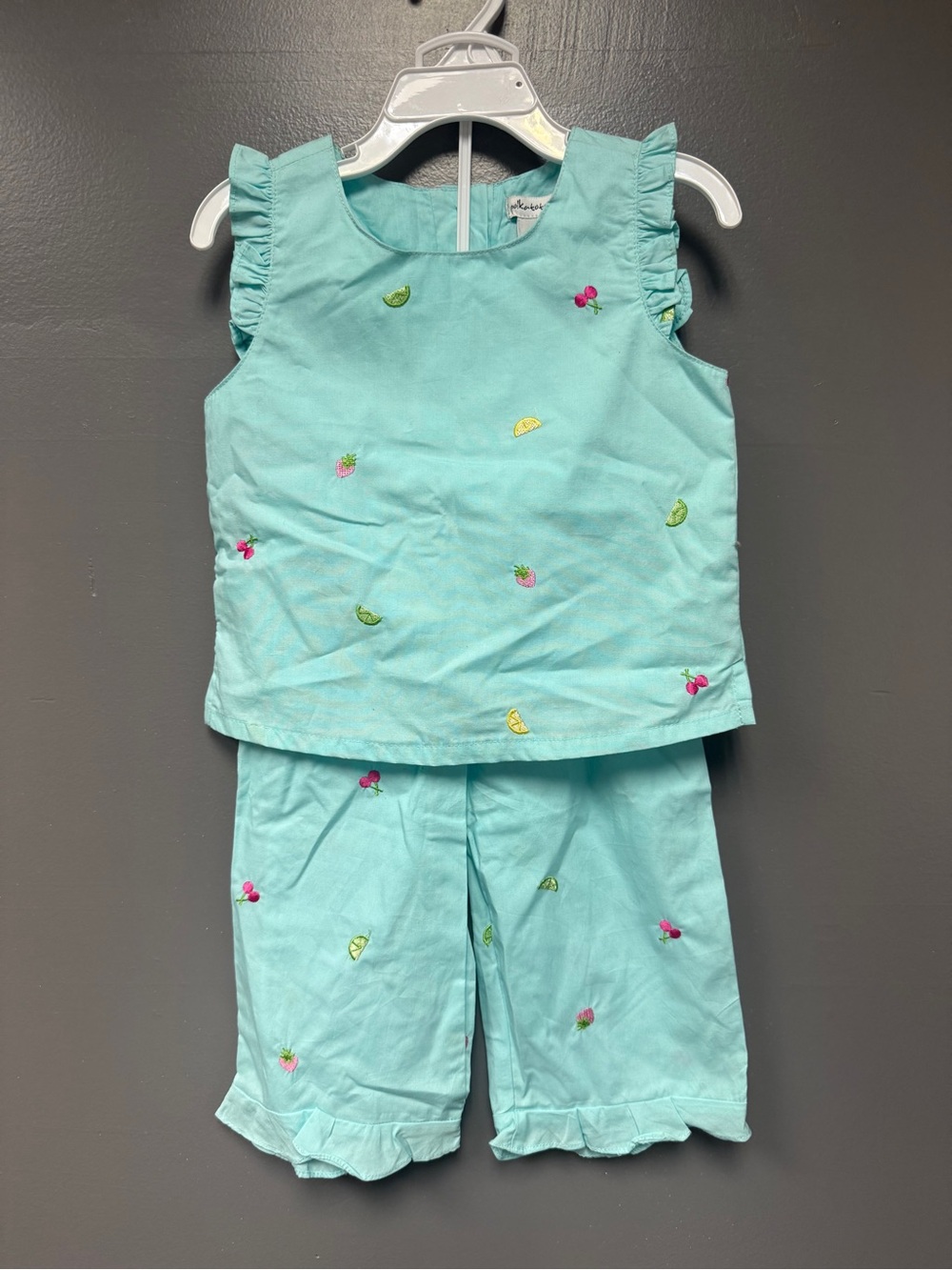 Polka Tots Girls 2-Piece Capri Set Size 4T – Embroidered Fruit – 100% Cotton